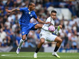Chelsea's Brazilian striker #20 Joao Pedro (L) vies with Fulham's Brazilian striker #09 Rodrigo Muniz