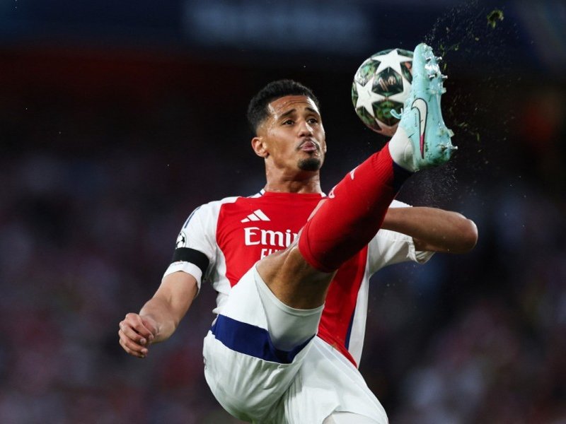 Arsenal defender William Saliba in aciton during the Champions League