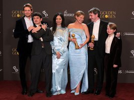 British actor Joe Alwyn, British actor Noah Jupe, Chinese director Chloe Zhao, Irish actress Jessie Buckley, Irish actor Paul Mescal and British actor Jacobi Jupe, winners of the Best Motion Picture - Drama Award for "Hamnet,"