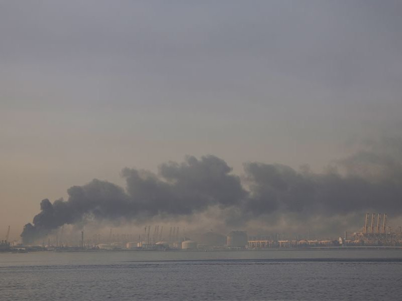 A plume of smoke rises from the port of Jebel Ali following a reported Iranian strike in Dubai