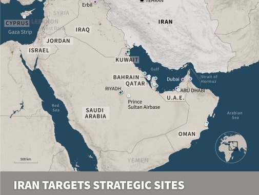 Infographic with a map showing strategic sites targeted by Iran in the Middle East