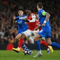 Arsenal forward Eberechi Eze drives forward in their Champions League win over Bayer Leverkusen