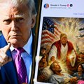 This photo illustration shows a picture of US President Donald Trump on a screen and an AI-generated picture he posted on his Truth Social platform depicting himself as Jesus Christ after criticizing Pope Leo XIV