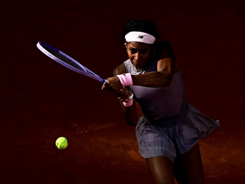 US Coco Gauff plays a backhand return to Austria's Anastasia Potapova during their women's singles match on day 7 of the French Open