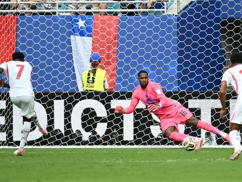 England's forward #07 Bukayo Saka shoots from the penalty spot to score his team’s fifth goal during the 2026 World Cup football tournament third-place match between France and England at the Miami Stadium in Miami on July 18, 2026