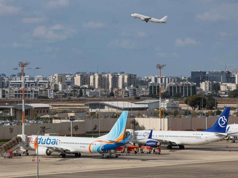 A flydubai flight bound for Dubai is seen before taking off from Ben Gurion Airport near Tel Aviv