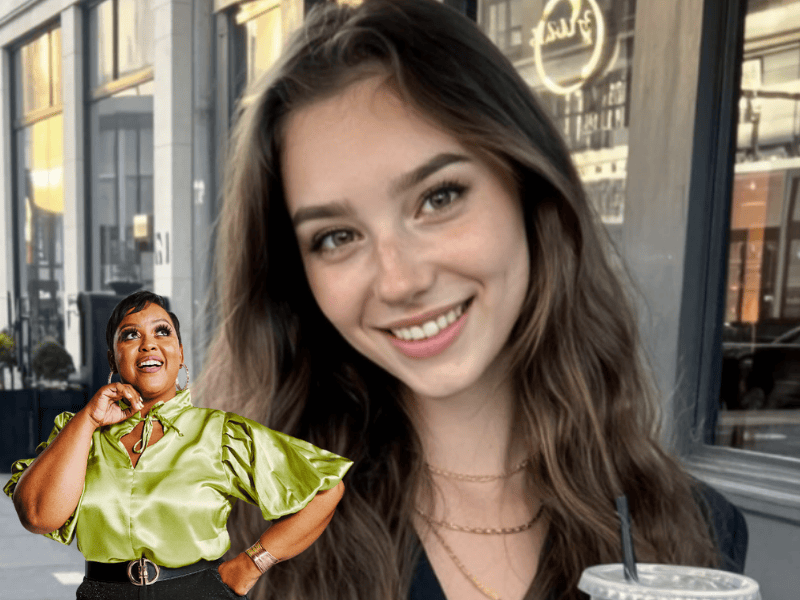 AI generated actress Tilly Norwood posing on street side and Carol Ofori looking in on her