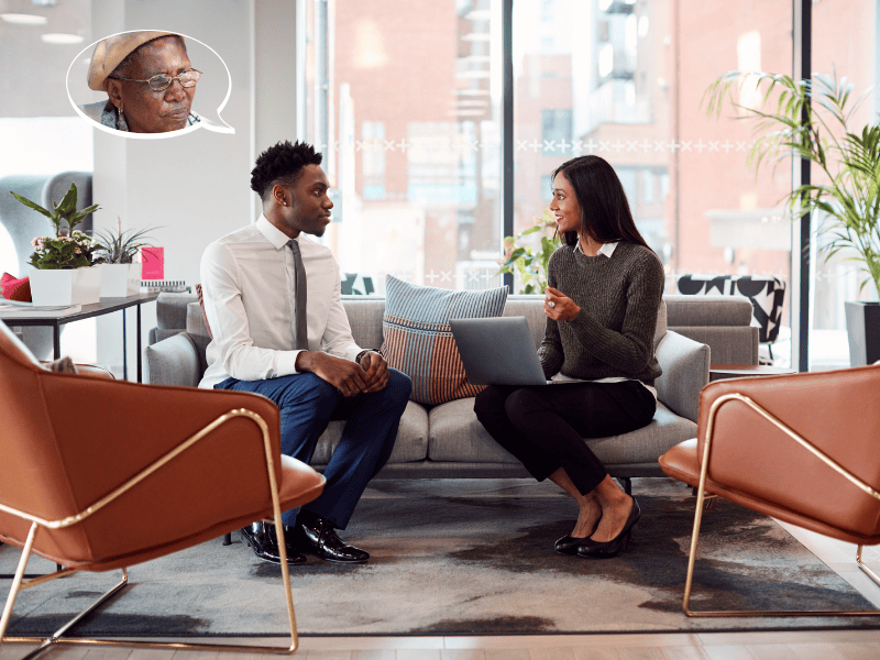 A Gen Z male in a meeting with manager thinking about his mother
