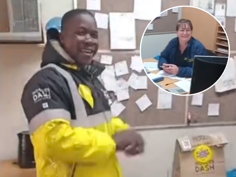 A Woolies Dash Driver sings for a customer