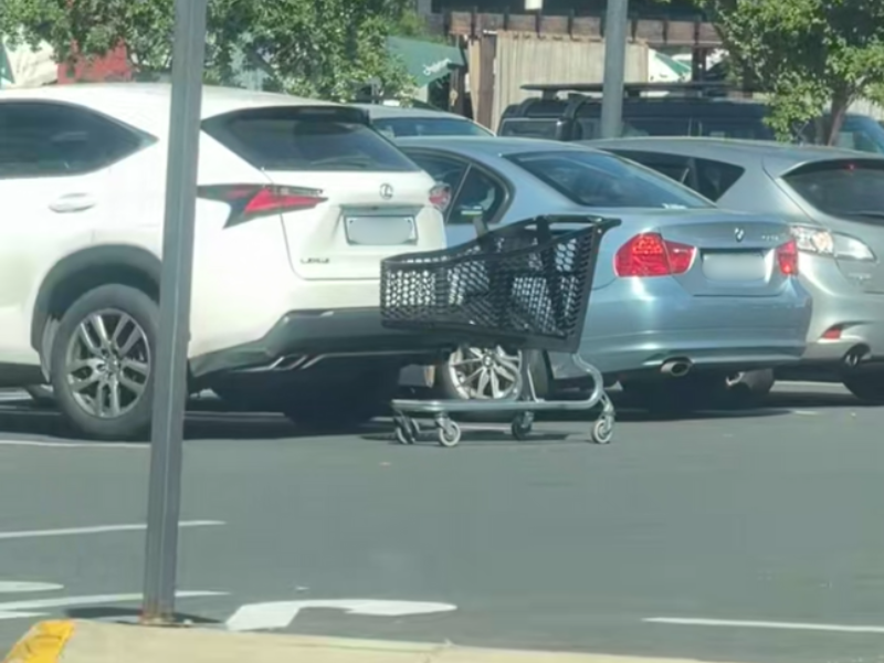 A Woolworths shopping cart rolls around a car park in Johannesburg