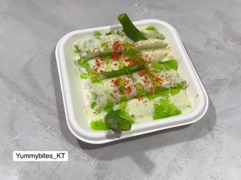A bowl of green chilli ice cream rolls