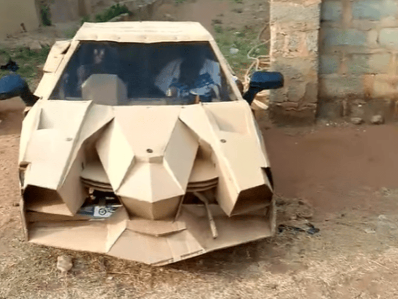 A car made out of cardboard that looks like a Lamborghini