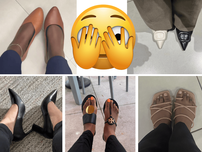 A collage of images showing ladies mismatched shoes