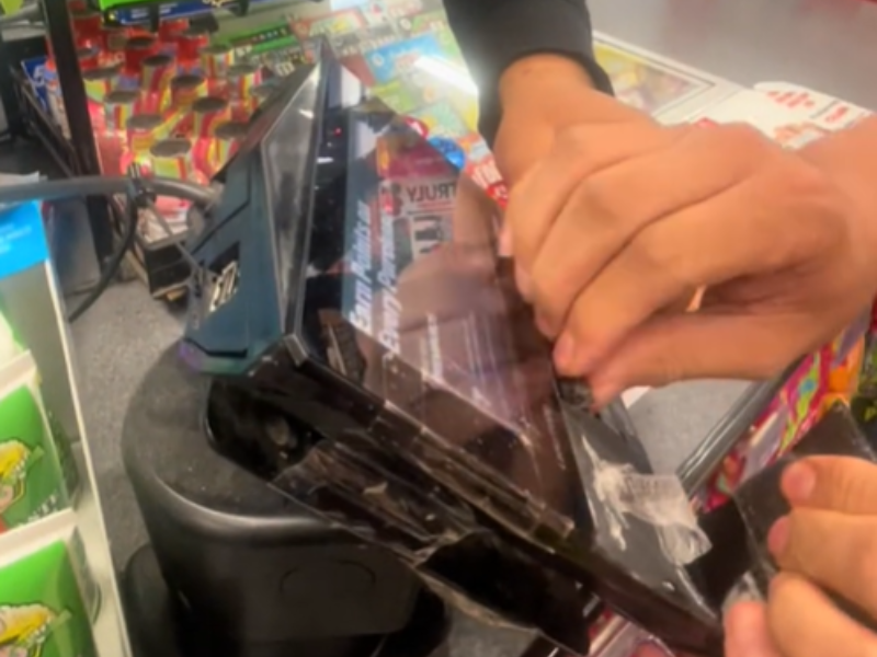 A customer peels back a card scamming device
