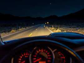 A driver notices a deer walking across the dark road