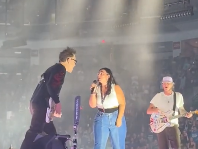 A fan holding a mic on stage with Blink-182