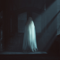 A female ghost covered in a white sheet