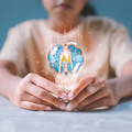 A girl holding a lightbulb with virtual artificial intelligence