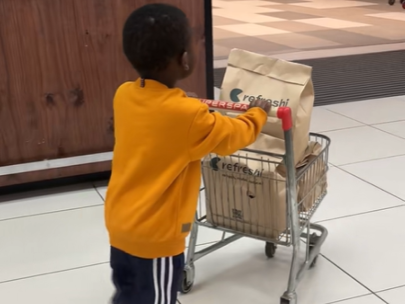 A little boy pushes a trolley filled with groceries out of a supermarket