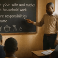 A male teacher stands at the blackboard teaching a classroom full of men a lesson