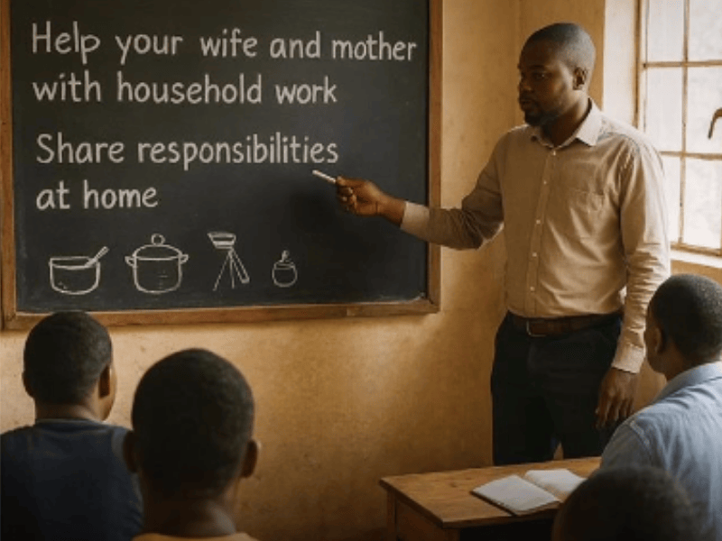 A male teacher stands at the blackboard teaching a classroom full of men a lesson