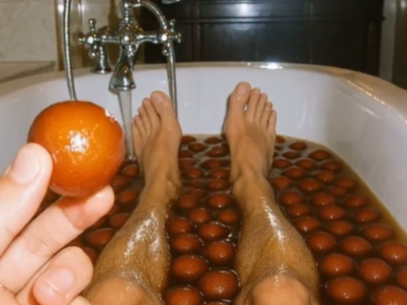A man bathing in a tub filled with gulab jamun