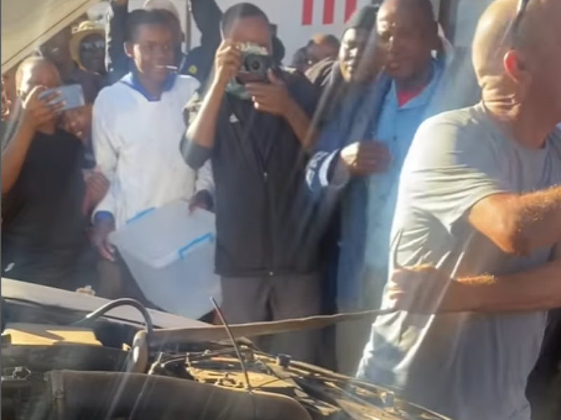 A man pulls a snake out from a vans engine while bystanders watch
