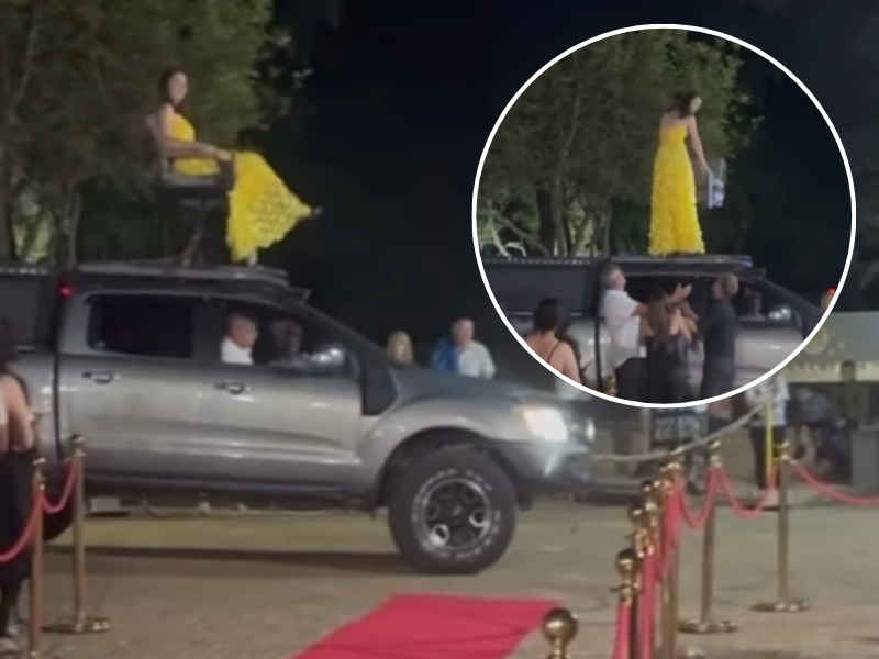 A matric student arrives to her matric dance sitting atop a Ford Ranger