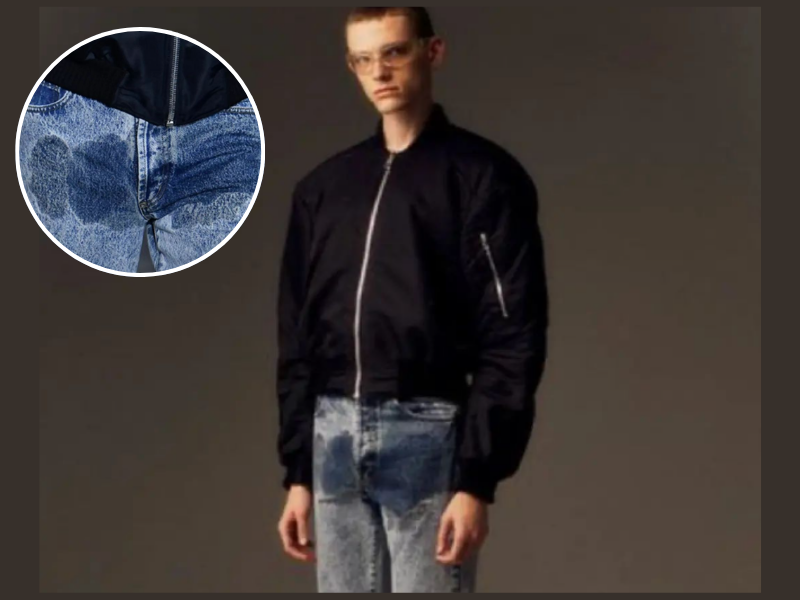 A pair of jeans stained by the crotch area