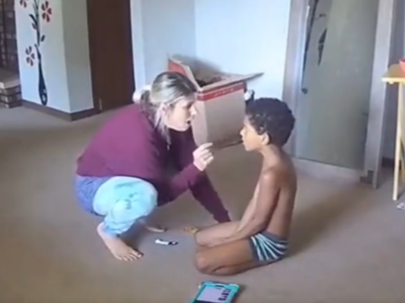 A mother speaks to her son