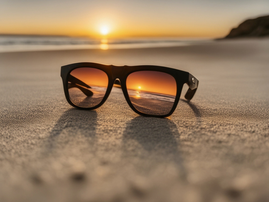 A pair of sunglasses laying on the beach