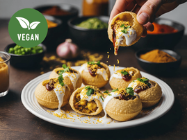 A person picks up a pani puri with filling