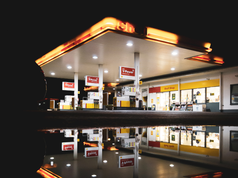 A petrol station at night