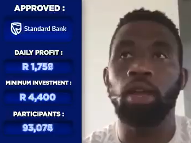 A picture of Siya Kolisi next to a financial scam board showing investment