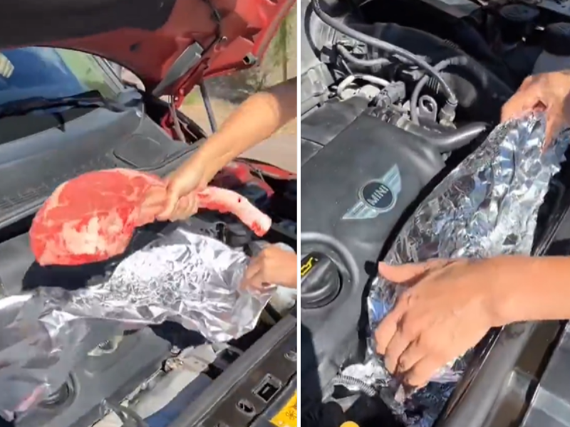 A piece of steak on the engine of Mini Cooper