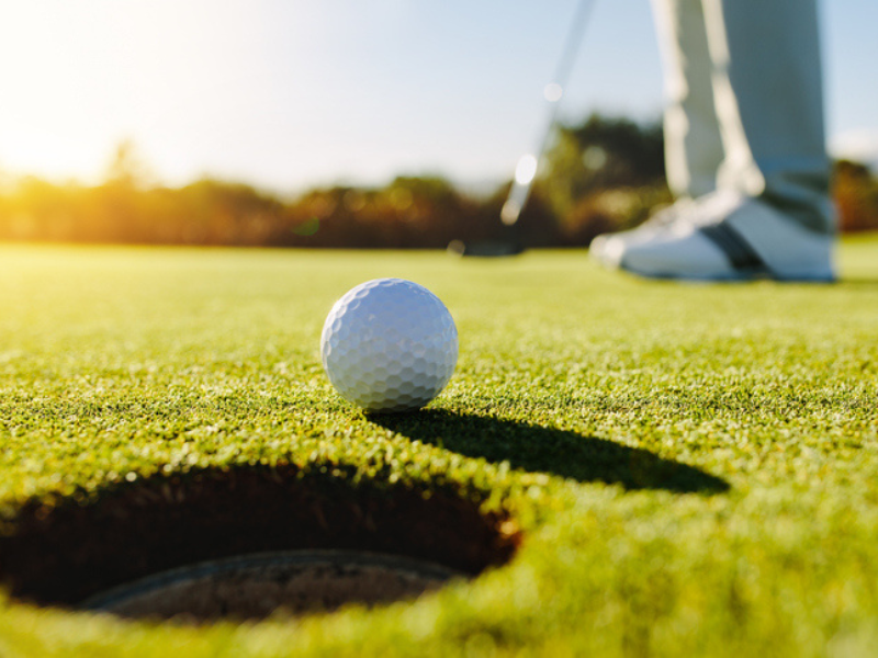 A professional golfer putting the ball on a golf course