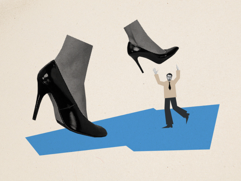 A retro abstract image of sexy lady legs smashing little guy in the workplace