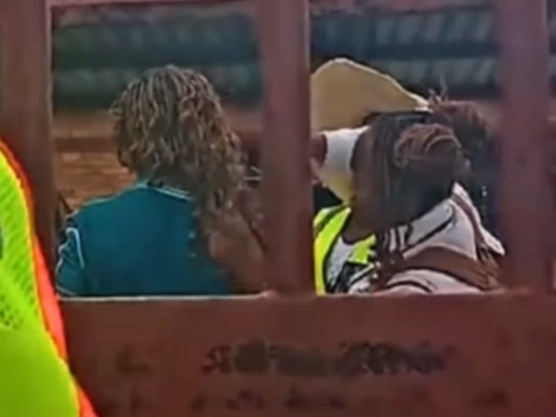 A school girl cutting off another school girls braids