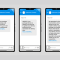 A set of three phones displaying scam messages about deliveries