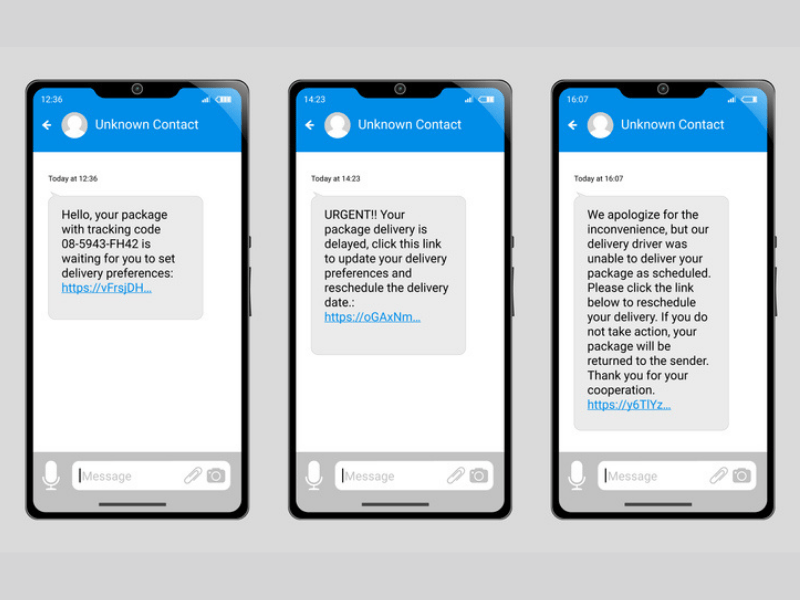 A set of three phones displaying scam messages about deliveries