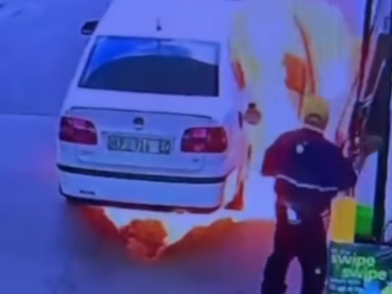 A vehicle catches alight at the petrol station