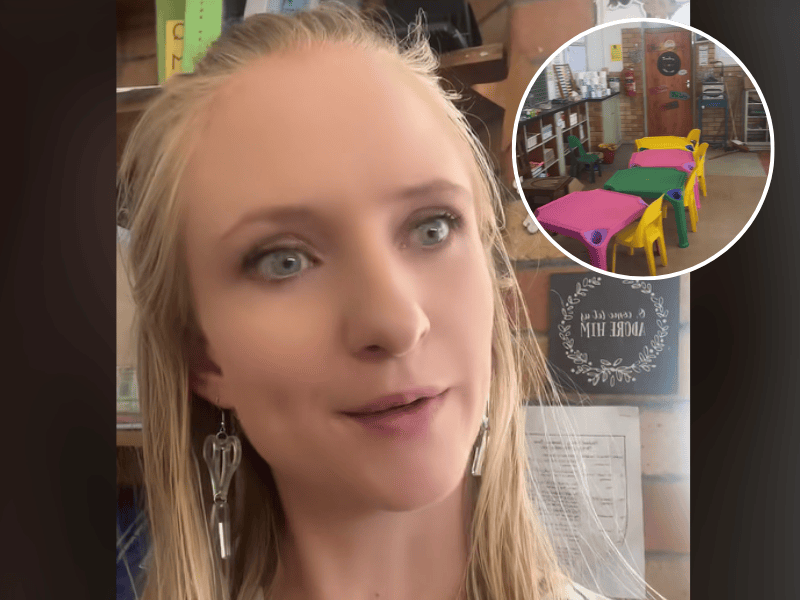 A white teacher wearing scissor earrings talking about her classroom