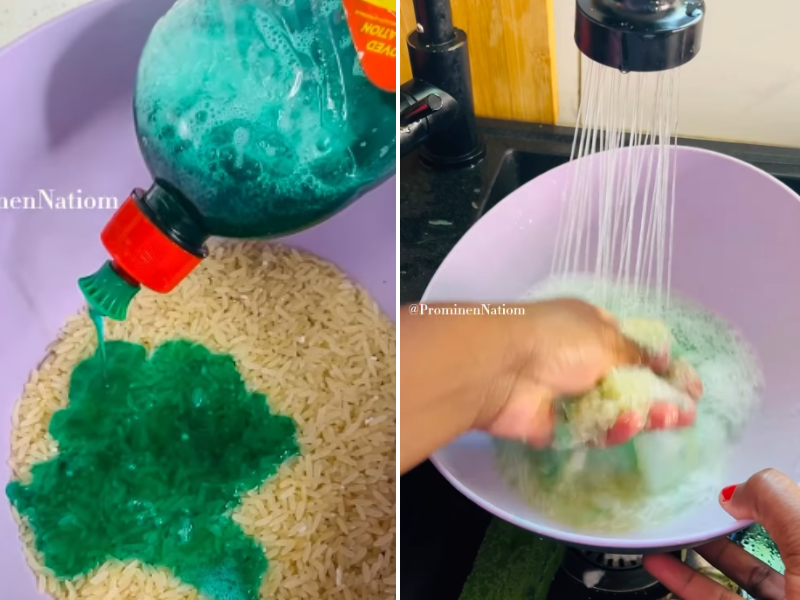 A woman adds dishwashing liquid to her rice and washes it with water