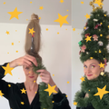 A woman creates a Christmas tree on her head