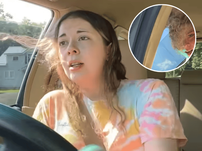 A woman loses control of her vehicle while videoing herself