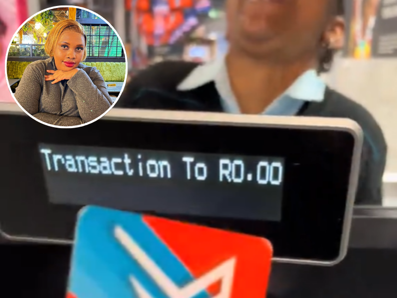 Woman is surprised after using loyalty card at cashier