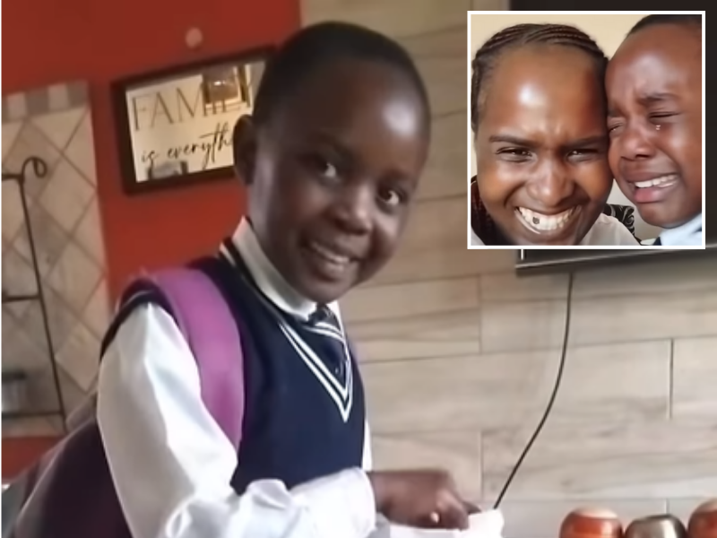 A young boy gets emotional with his mother over a gift she bought him