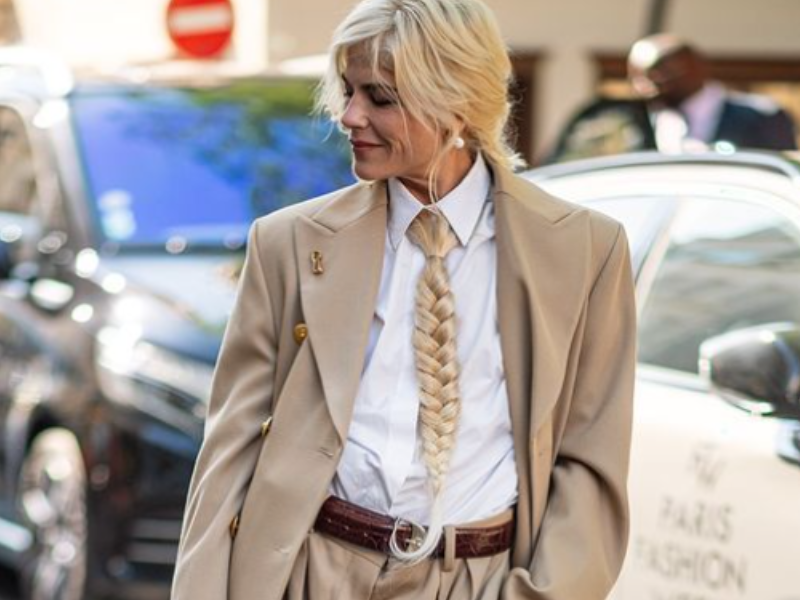 Actress Selma Blair wearing a street style suit and braided hair tie