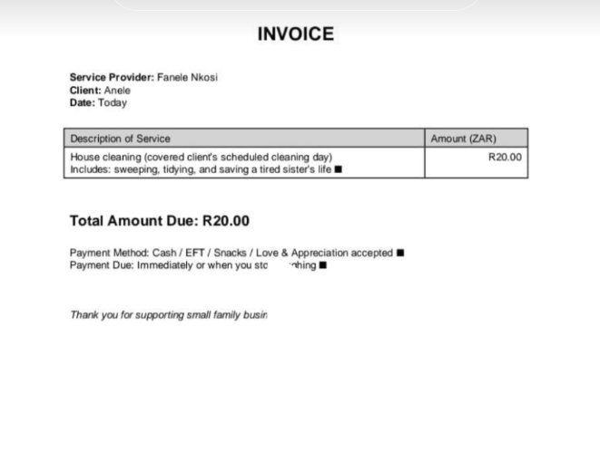 A copy of an invoice made out for cleaning