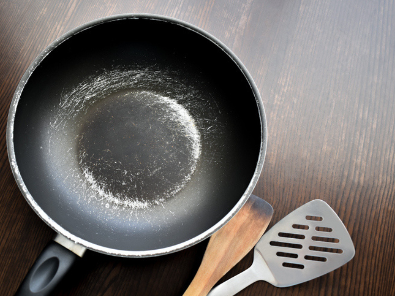 An old scratched non stick frying pan